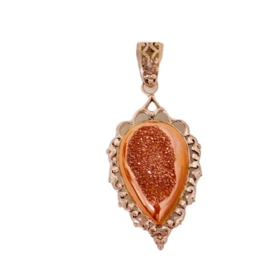 Sterling Silver 925 Mauve Pink Bronze Druzy Style Heart Pendant Signed GS India